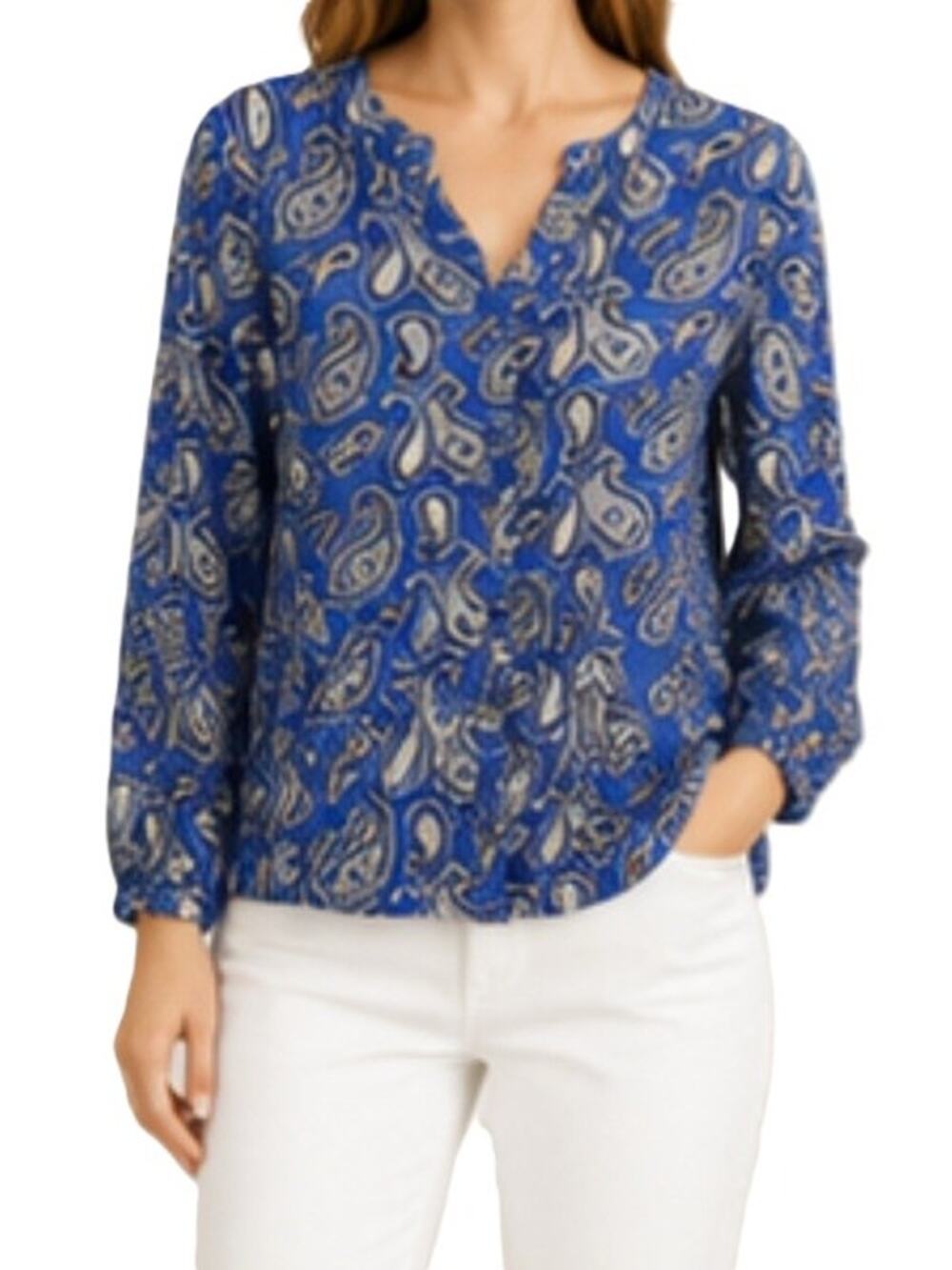 Banana Republic Top Womens Medium Blue Paisley Long Sleeve Pullover Relaxed Fit